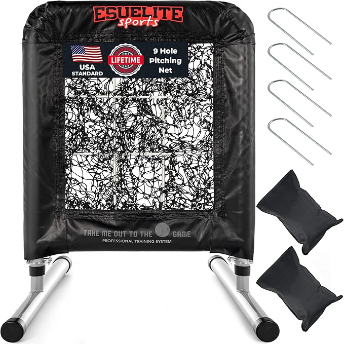 Heavy-Duty 9 Hole Pro Style Baseball & Softball Pitching Net with Strike Zone Target - Adjustable Portable Design for Training, Includes 4 Stakes & 2 Sandbags