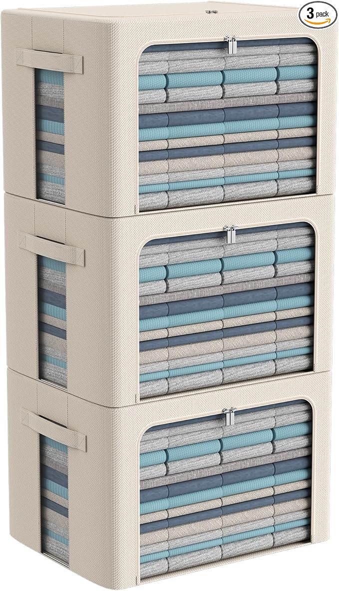 3Pack Frame Storage Box - Clothes Storage Bin Bags Oxford Fabric Foldable Stackable Container Organizer Set with Clear Window & Carry Handles Large Capacity (Beige, Large-66L)