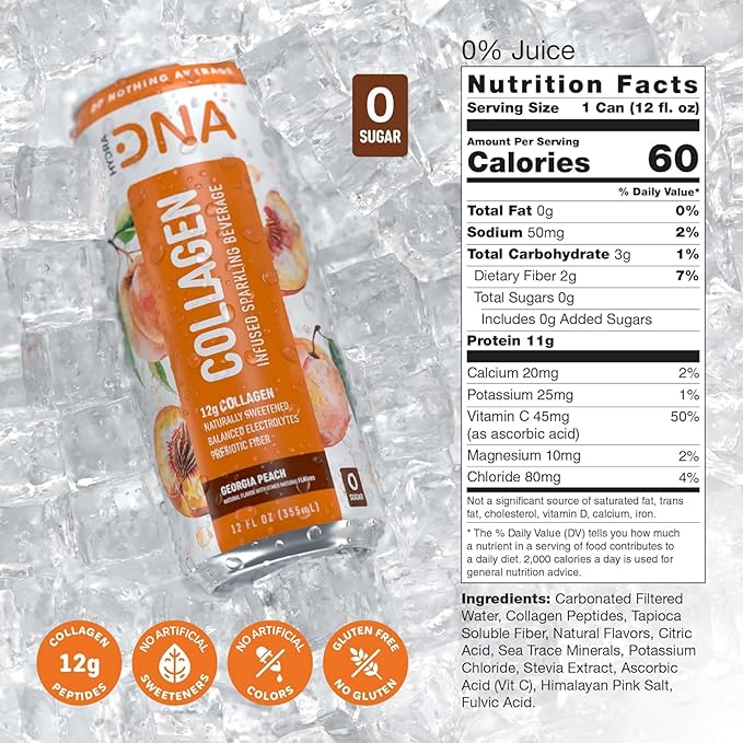 HYDRADNA- Sparkling Liquid Collagen Protein Water Drink Balanced Nutrients for Wellness - Sugar-Free - Keto-Friendly - No Gluten (12 Pack) Georgia Peach