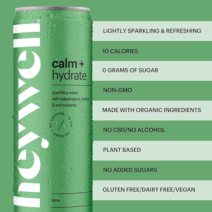 Heywell Sparkling Adaptogenic Water Calm and Restore, Lime Flavor 12 Fluid Ounce (Pack of 12) - Non Caffeinated, Organic, Non GMO, Vegan, Gluten Free, Dairy Free