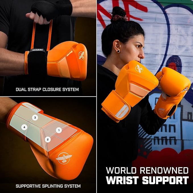 Hayabusa T3 Boxing Gloves for Men and Women Wrist and Knuckle Protection, Dual-X Hook and Loop Closure, Splinted Wrist Support, 5 Layer Foam Knuckle Padding