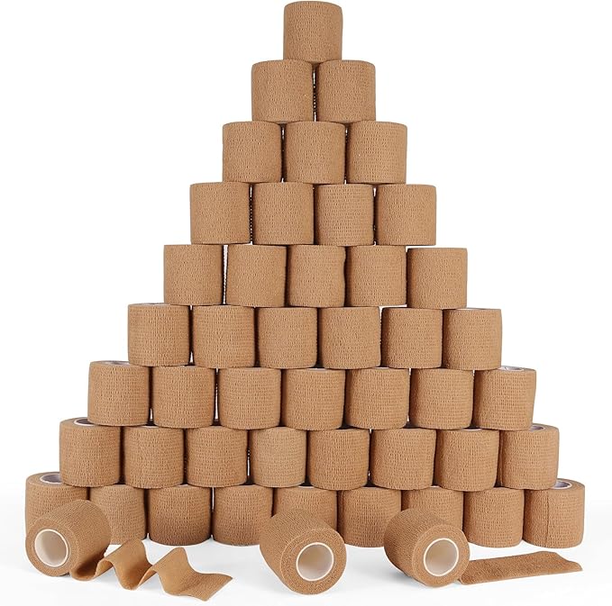 48 Pack Self Adhesive Bandage Wrap, 2” x 5 Yards Cohesive Medical Tape Elastic Grip Tape Black Sports Tape Athletic for Ankle, Wrist Sprains, Pet First Aid (Brown)