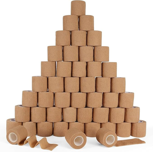 48 Pack Self Adhesive Bandage Wrap, 2” x 5 Yards Cohesive Medical Tape Elastic Grip Tape Black Sports Tape Athletic for Ankle, Wrist Sprains, Pet First Aid (Brown)