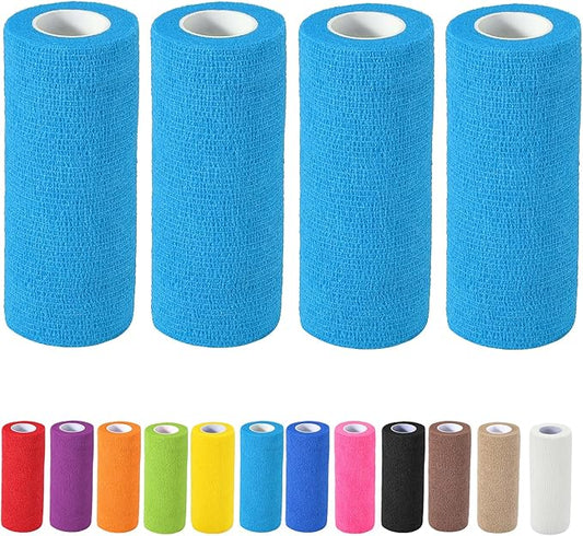 4 Pack Self Adhesive Bandage Wrap, 6 in x 5 Yards Non-Woven Self Adherent Cohesive Bandage, Vet Wrap Wound Tape for Thumb Finger Wrist Knee Ankle, Blue