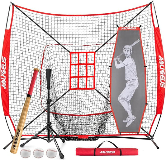 7'X7' Baseball Softball Practice Net,Pitching Net,Batting Net,with Baseball Tee,Bonus Strike Zone and Bow Frame,for Hitting,Pitching, Catching