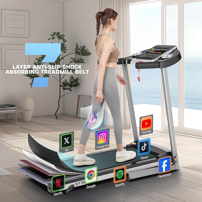 SYTIRY Incline Treadmills for Home with TV Screen and WiFi, 3.25HP Smart Walking Pad Treadmill with Incline, Heavy Duty Foldable Electric Running Machine with 10” Touchscreen, 3D Virtual Sports Scenes