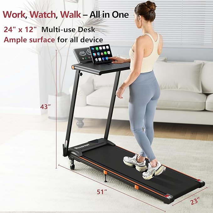 Foldable Treadmill with Incline Treadmill with Home Removable Desk Workstation 3.0 HP 3 in 1 Folding Small Compact Walking Treadmills 300 Lbs Capacity for Home Office