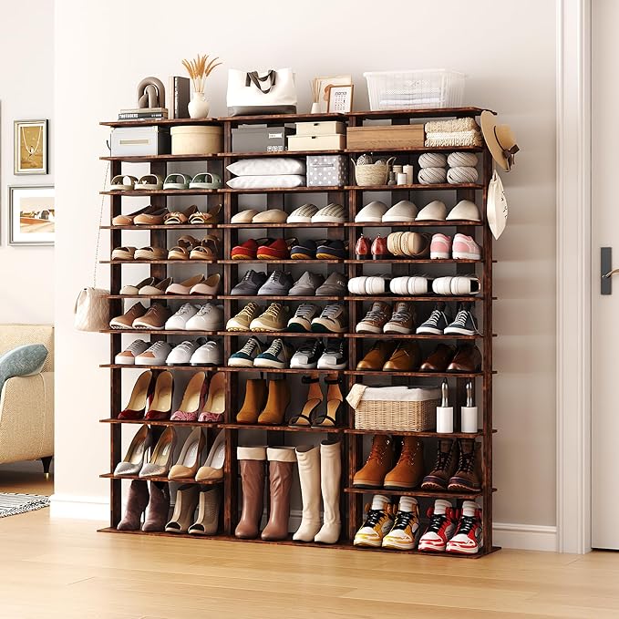 HOMEFORT 10-Tier Vertical Shoe Rack, Corner Shoe Tower, Double Rows 10 Tiers Shoe Shelf, Slim Shoe Storage Unit for 20 Pairs of Shoes, Shoe Stand for Entryway, Hallway, Closet (Rustic Brown)