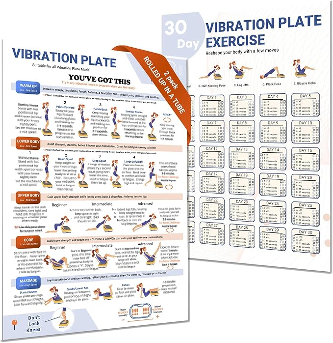 2 packs Vibration Plate Exercise Poster, 30 Day Workout Chart for Fitness Training
