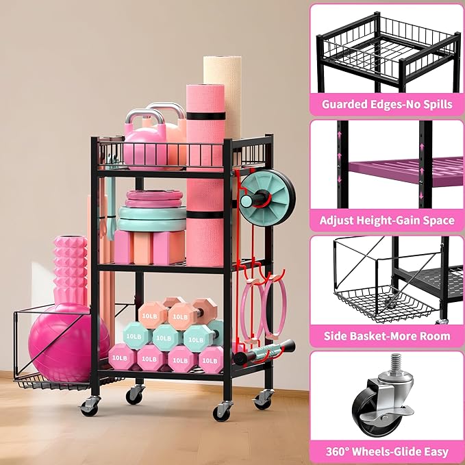 3-Tier Home Gym Storage Rack, Adjustable Yoga Mat Storage Rack, 250LBS Metal Workout Equipment Storage Cart with Large Basket & Lockable Wheels for Mats, Bands, Foam Rollers, Yoga Block