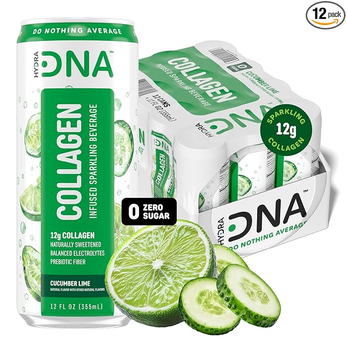 HYDRADNA- Sparkling Liquid Collagen Protein Water Drink Balanced Nutrients for Wellness - Sugar-Free - Keto-Friendly - No Gluten (12 Pack) Cucumber Lime