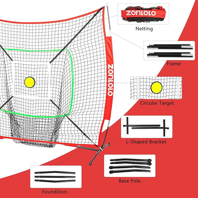 6x6ft Portable Baseball & Softball Net for Hitting and Pitching, with Sturdy Bow Frame and Carry Bag, Special Circular Target and Strike Zone for Accurate Throwing Practice, Great for Kids