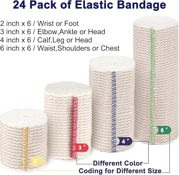 24 Pack Elastic Bandage Wrap (6x2”, 6x3, 6x4, 6x6) Compression Bandage Wrap with Hook and Loop Closure on Both Ends Self Adhesive Bandage Wrap for Sports, Medical, and Injury Recovery