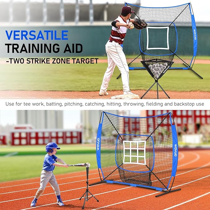 7x7 ft Baseball Net for Batting Pitching Hitting, Softball Pitching Net with Strike Zone, Tee, Ball Caddy, Softball Batting Net Baseball Training Equipment for Kids Adult Youth Sport Practice