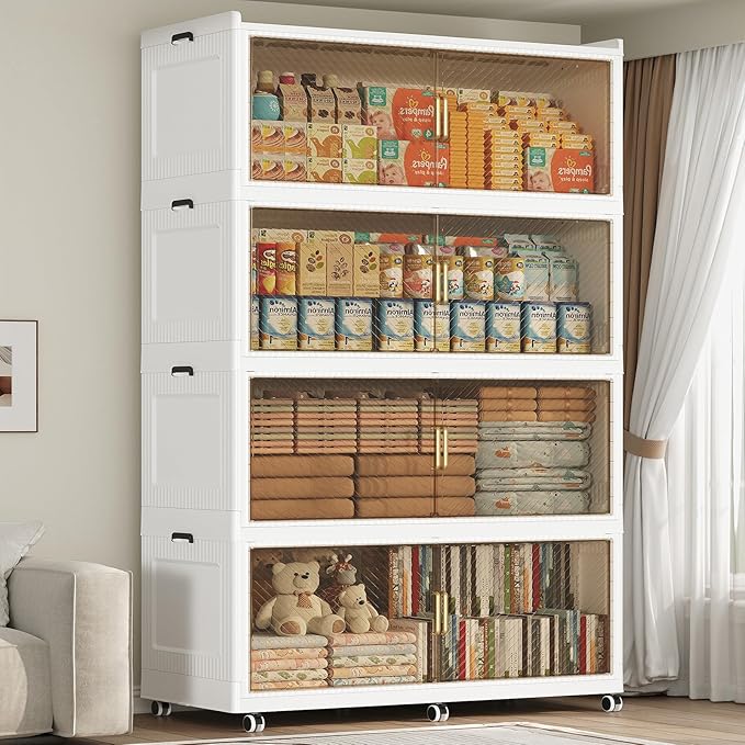 200GAL Extra Large Stackable Storage Bins with Lid, 800QT Plastic Closet Organizer and Storage Cabinet with Wheels and Doors, Folding Storage Box Container for Home Organization, 4Pack White