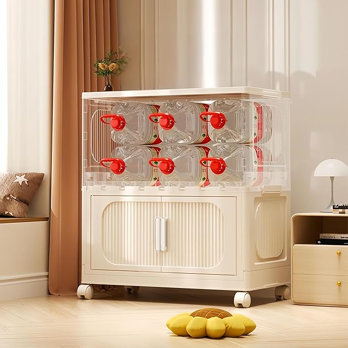 Holaki 117 QT Storage Bins with Lid, 3 Tier Collapsible Closet Organizers, Stackable Plastic Storage Bins Cabinet with Wheels and Magnetic Door, Opaque