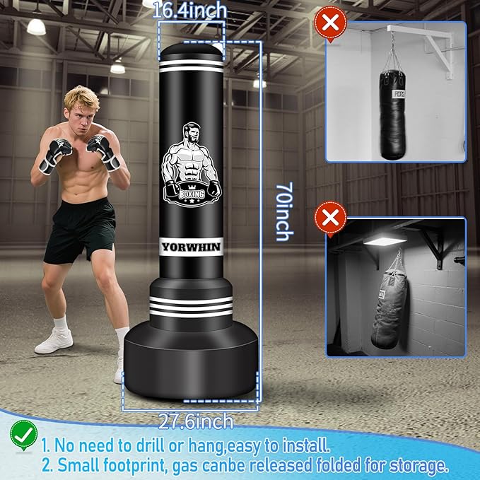 Heavy Punching Bag for Adults Teens, 70'' Standing Boxing Kicking Bag Freestanding Heavy Bag with Gloves and Electric Air Pump, Men Kickboxing Bags for Beginners Training MMA Muay Thai Fitness
