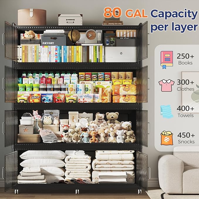 320GAL Extra Large Stackable Storage Bins with Lid, 1280QT Plastic Closet Organizer and Storage Cabinet with Wheels and Doors, Folding Storage Box Container for Home Organization, 4Pack Black