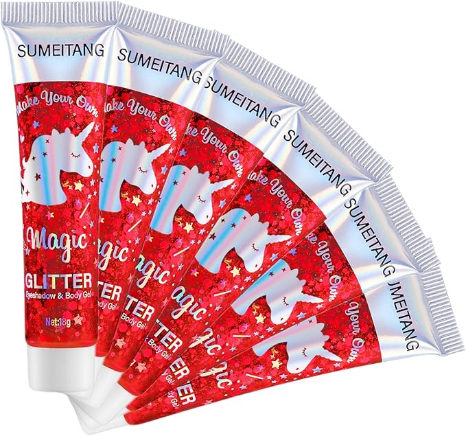 6PCS Red Face Body Glitter Gel，Holographic Chunky Sequins Body Glitter Paint for Party Singer Concerts Music Festival Rave Accessories for Girls Women Face Body DIY Sparkling Makeup