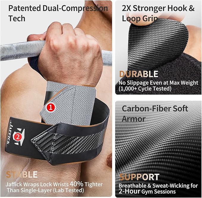 Jaffick Double-Layer Reinforced Wrist Wraps for Weightlifting - Men & Women, Thumb Loop Design for Powerlifting, Crossfit, Bodybuilding, Deadlifting - Fits Both Hands