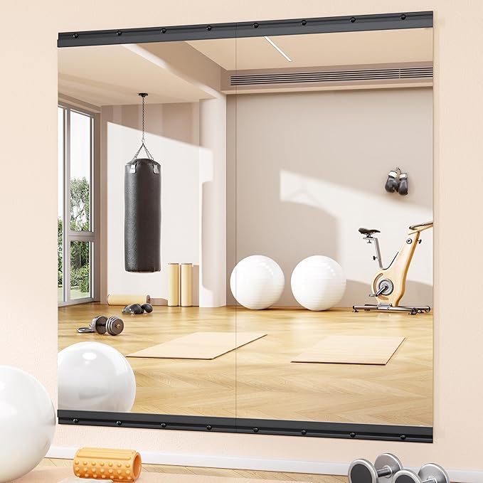 Hasipu 2 Pcs 48''x24'' Home Gym Mirror Large Full Length Wall Mounted Full Body Mirror for Yoga Dance Fitness Exercise Studio Bedroom Garage, Frameless Tempered Glass Workout Mirrors Black Rectangular