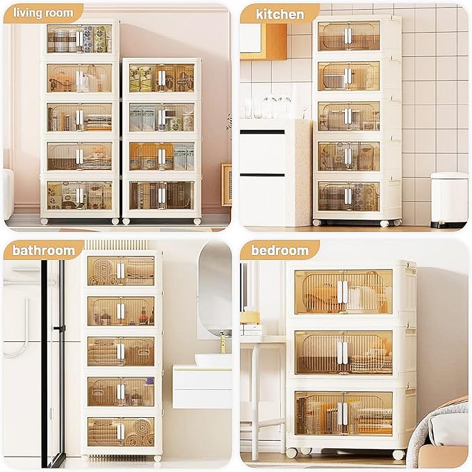 Holaki 39 QT Storage Bins with Lid, 5 Tiers Stackable Plastic Storage Bins Cabinet Box Collapsible Closet Organizers with Wheels and Magnetic Door,White