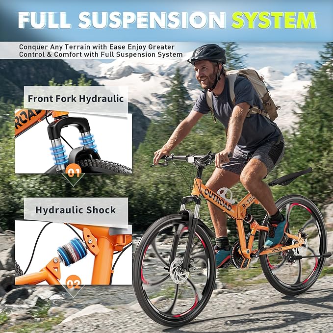 26 Inch Folding Mountain Bike, 21 Speed Full Suspension Bicycle with High-Carbon Steel, Dual Disc Brake Non-Slip Quick Release tire Folding Bicycle for Adults/Men/Women