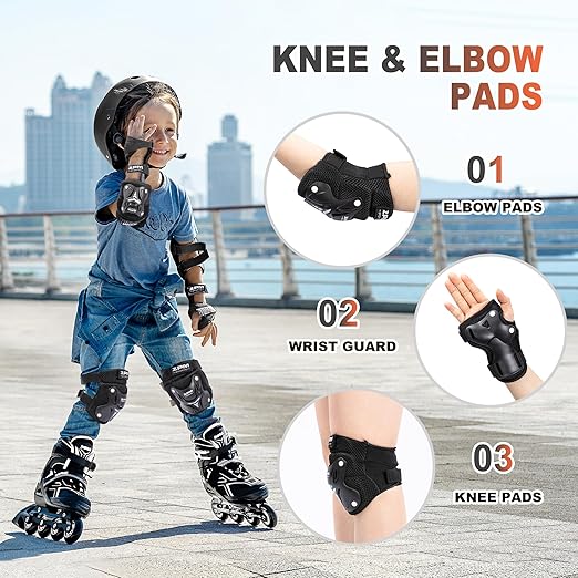 2PM SPORTS Knee Pads for Kids, Wrist Guards Knee and Elbow Pads Set with Drawstring Bag, Protective Gear Set for Girls Boys Roller Skating Cycling Skateboard - Black Medium