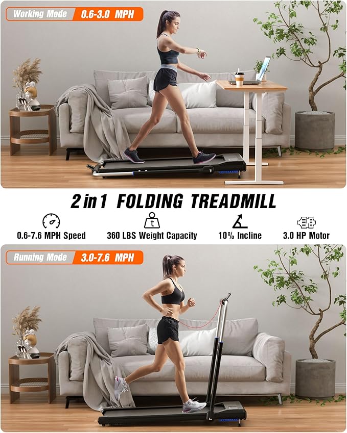 WELLFIT Treadmill for Home, 2 Level Incline Heavyduty Treadmill with Pulse Sensor, 4.0 HP, 1.0-10.0 MPH, 450/360 lbs Capacity, Large Running Area Treadmills with Bluetooth Player & LED Display