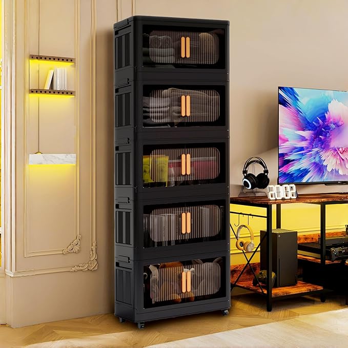 Holaki 195 QT Collapsible Closet Organizers with Lid, 5 Tiers Stackable Plastic Storage Bins Cabinet with Wheels and Magnetic Door (Black)
