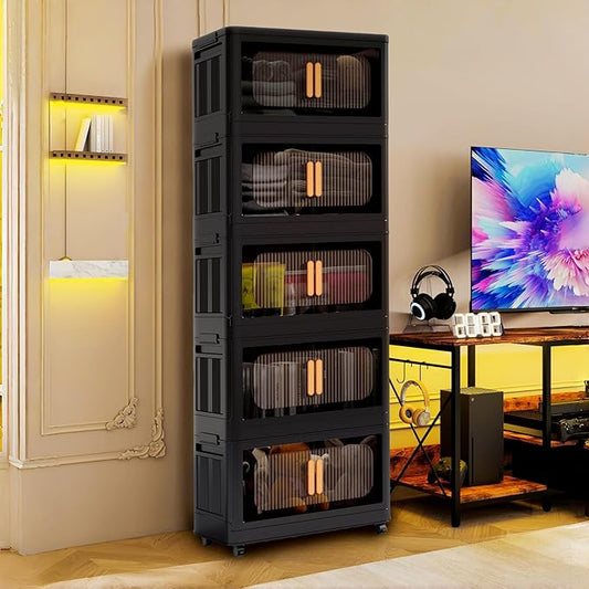 Holaki 195 QT Collapsible Closet Organizers with Lid, 5 Tiers Stackable Plastic Storage Bins Cabinet with Wheels and Magnetic Door (Black)