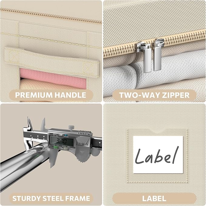 3Pack Frame Storage Box - Clothes Storage Bin Bags Oxford Fabric Foldable Stackable Container Organizer Set with Clear Window & Carry Handles (Beige, Medium-44L)