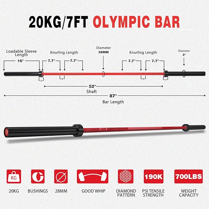7ft Olympic Barbell for Strength Training and Olympic Weightlifting, 500 700 1000LBS Capacity Available, 2 Inch Bar for Squats, Home Gym Fitness Equipment, Bench Press, Deadlift,Powerlifting