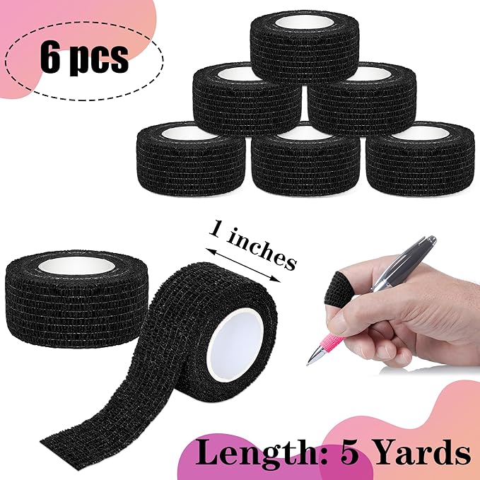 6 Pack 1 Inches Self Adhesive Bandage Wrap Breathable Cohesive Bandage Elastic Tape for Pets, Athletic, Sports, Wrist, Knee, Ankle(5 Yards Per Roll, Black)