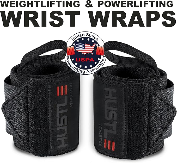 Hustle Athletics Wrist Wraps for Weightlifting – Max Wrist Support for Safe & Heavy Lifts, USPA Approved 18" & 12" Lengths, Thumb Loop Gym Straps for Powerlifting & Weight Lifting for Men and Women