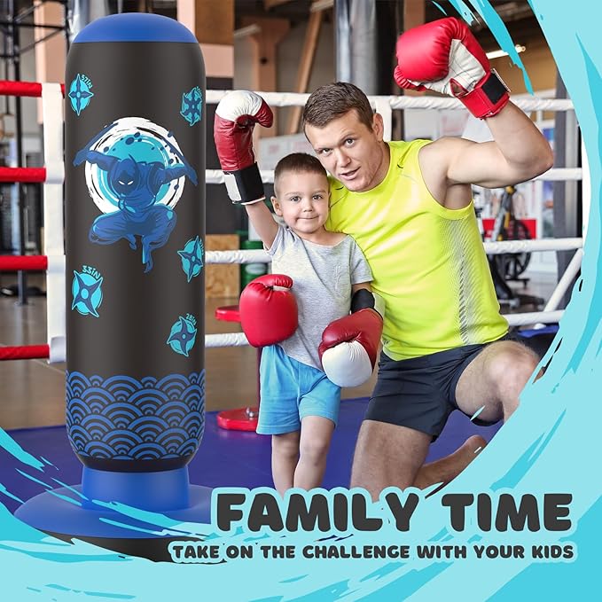 Inflatable Punching Bag for Kids, Tall Larger 66 Inch Stable Boxing Bag for Teens, Ninja Shuriken Toy Gifts for Boys Girls, Boxing Set with Gloves and Pump for Practicing Karate Taekwondo
