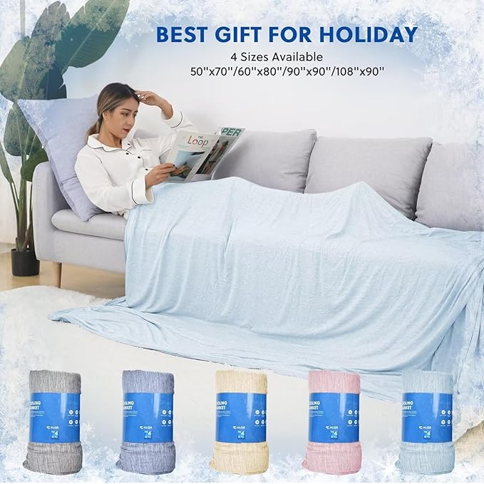 HOMFINE Cooling Blankets for Hot Sleepers - Summer Blanket Thin Lightweight Breathable Soft Double Side Enhanced Cooling for Bed Couch Sofa, Keep Cool for Night Sweats (Light Blue, 90 x 90 inches)