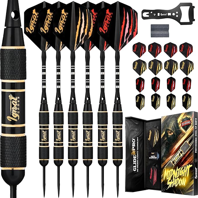 IgnatGames Premium Steel Tip Darts – 3/6/12 Pack Brass Barrels with Aluminum Shafts, 16 GlideXPro Flight Set, Tool Kit & Giftable Case