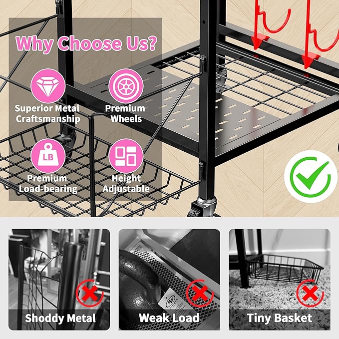 3-Tier Home Gym Storage Rack, Adjustable Yoga Mat Storage Rack, 250LBS Metal Workout Equipment Storage Cart with Large Basket & Lockable Wheels for Mats, Bands, Foam Rollers, Yoga Block