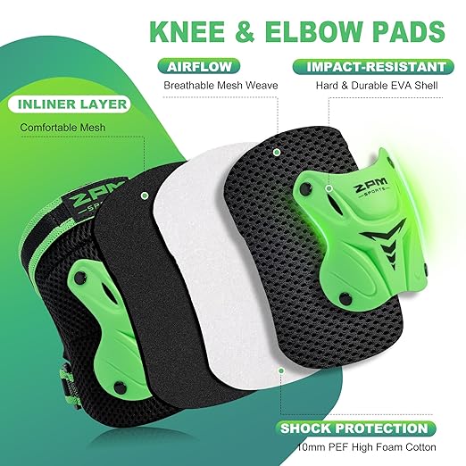2PM SPORTS Knee Pads for Kids, Wrist Guards Knee and Elbow Pads Set with Drawstring Bag, Protective Gear Set for Girls Boys Roller Skating Cycling Skateboard - Green Medium