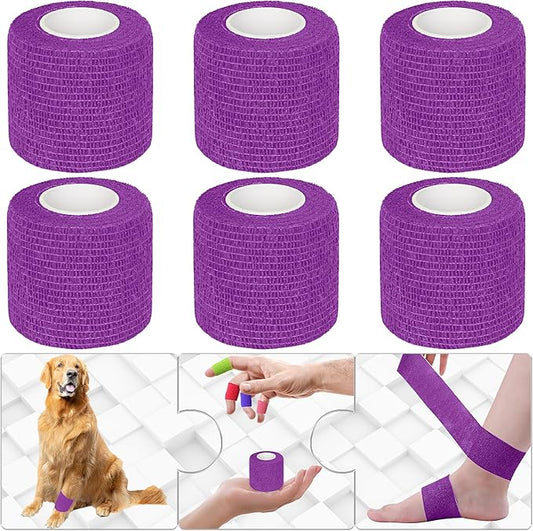 6 Pack 2 Inches Self Adhesive Bandage Wrap Breathable Cohesive Bandage Elastic Tape for Pets, Athletic, Sports, Wrist, Knee, Ankle(5 Yards Per Roll, Purple)
