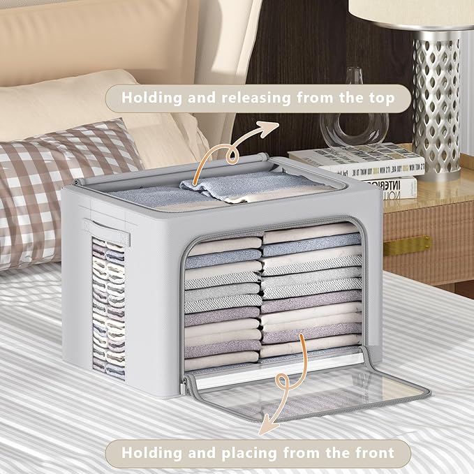 3Pack Frame Storage Box - Clothes Storage Bin Bags Oxford Fabric Foldable Stackable Container Organizer Set with Clear Window & Carry Handles (Grey, X-Small-36L)