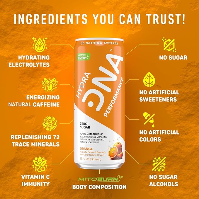 HYDRADNA- Clean Performance Drink, Zero Sugar | For Natural Fuel, Alertness, Boost, Stamina,120 mg Organic Caffeine, Natural Flavors, Zero Sucralose, Clean Ingredients (12 Pack) (12 Pack, Orange)