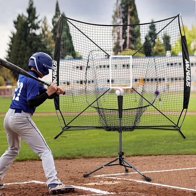 7'X7' Baseball Softball Practice Net,Pitching Net,Batting Net,with Baseball Tee,Bonus Strike Zone and Bow Frame,for Hitting,Pitching, Catching