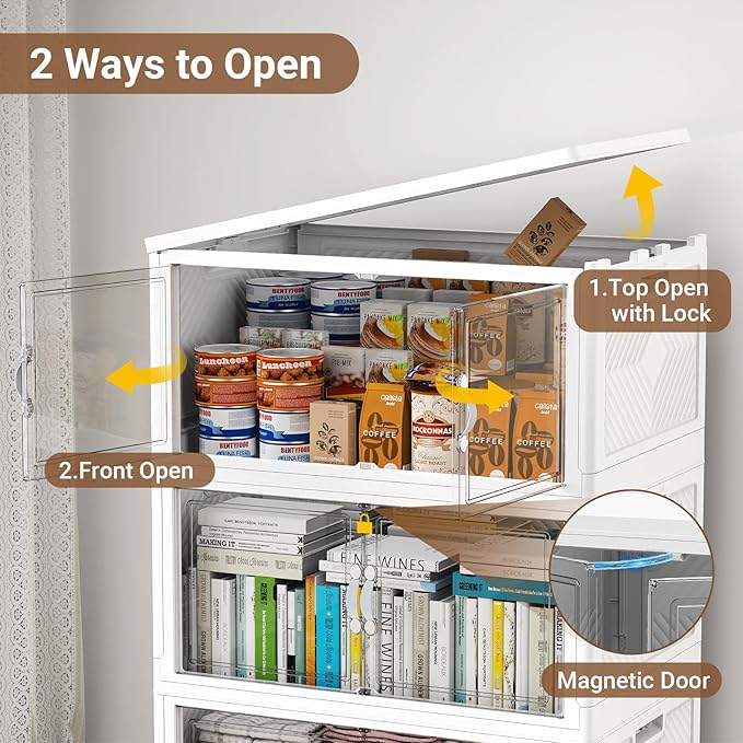 480QT Extra Large Stackable Storage Bins, 120Gal Clear Plastic Closet Organizer Cabinet with Lid and Wheels, Collapsible Latch Boxes Folding Drawer with Door for Home Kitchen, V20 3Pack White