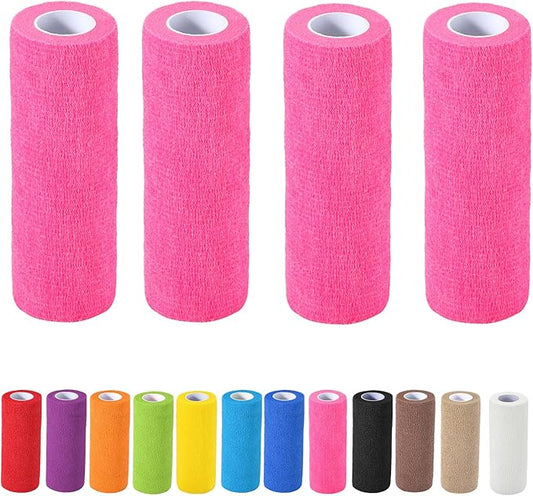 4 Pack Self Adhesive Bandage Wrap, 6 in x 5 Yards Non-Woven Self Adherent Cohesive Bandage, Vet Wrap Wound Tape for Thumb Finger Wrist Knee Ankle, Pink