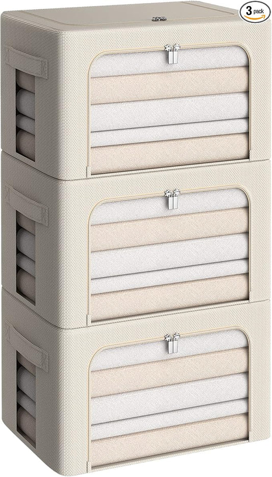 3Pack Frame Storage Box - Clothes Storage Bin Bags Oxford Fabric Foldable Stackable Container Organizer Set with Clear Window & Carry Handles (Beige, X-Small-36L)