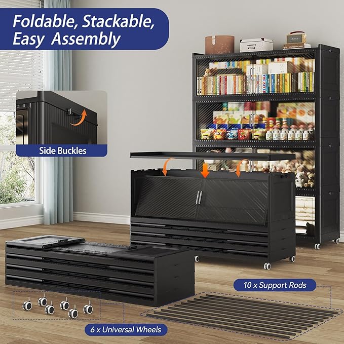 200GAL Extra Large Stackable Storage Bins with Lid, 800QT Plastic Closet Organizer and Storage Cabinet with Wheels and Doors, Folding Storage Box Container for Home Organization, 4Pack Black