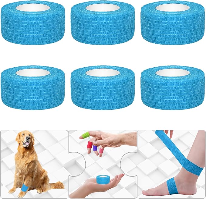 6 Pack 1 Inches Self Adhesive Bandage Wrap Breathable Cohesive Bandage Elastic Tape for Pets, Athletic, Sports, Wrist, Knee, Ankle(5 Yards Per Roll, Light Blue)
