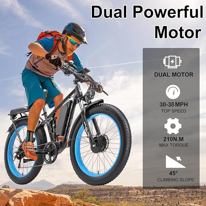 52V Electric Bike for Adults, 38MPH 26” Fat Tire Dirtbike 6000W Peak, AWD Ebike Dual Motor,26AH Removable Battery Fast Full Hydraulic Brake